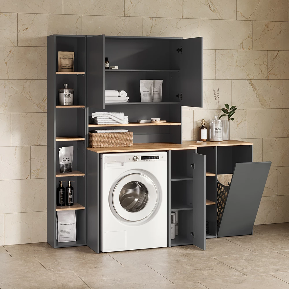 Nahaufnahme von Badschrank in Anthrazit/Goldkraft Eiche, zeigt Textur/Details
