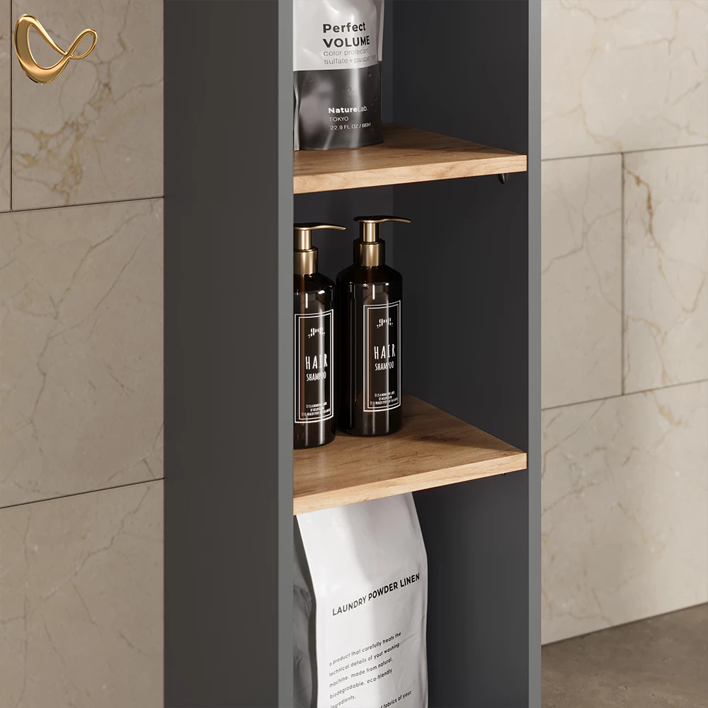 Nahaufnahme von Badschrank in Anthrazit/Goldkraft Eiche, zeigt Design- und Oberflächendetails