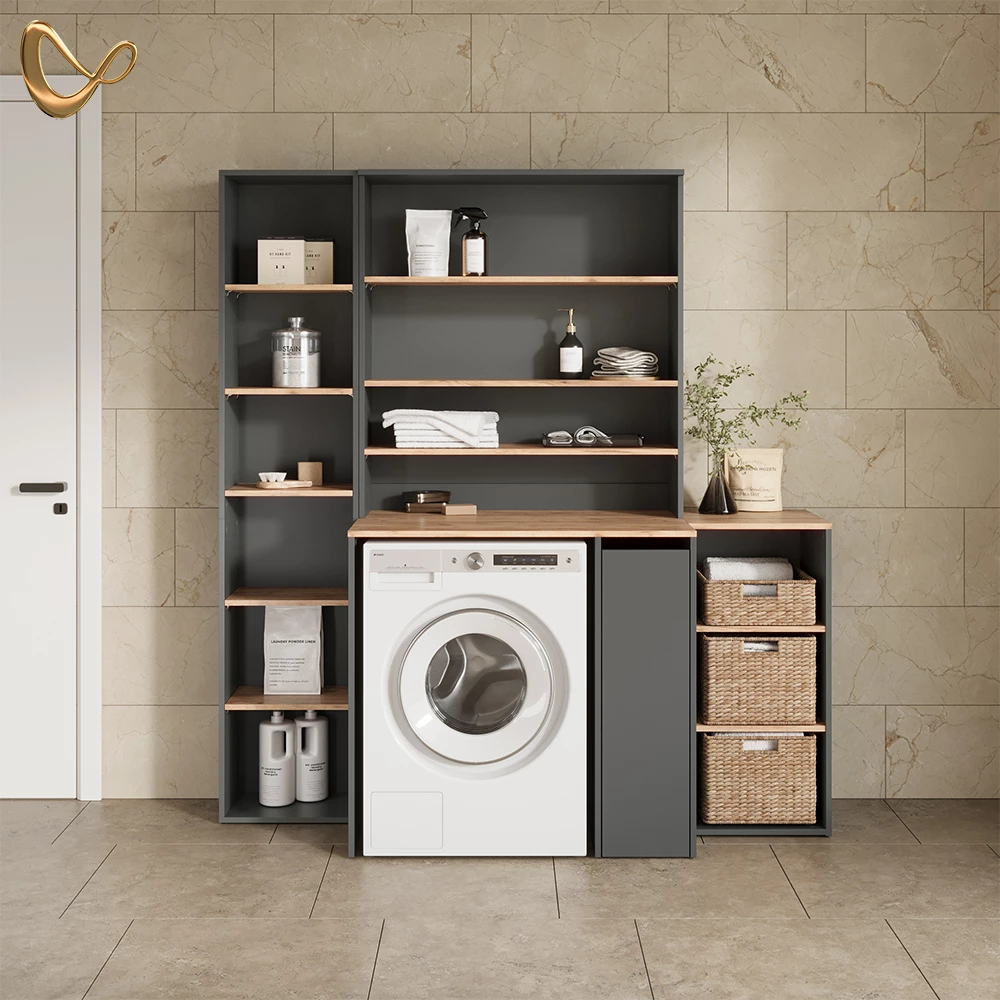 Badschrank in Anthrazit/Goldkraft Eiche, dargestellt im Ambiente und auf weißem Hintergrund