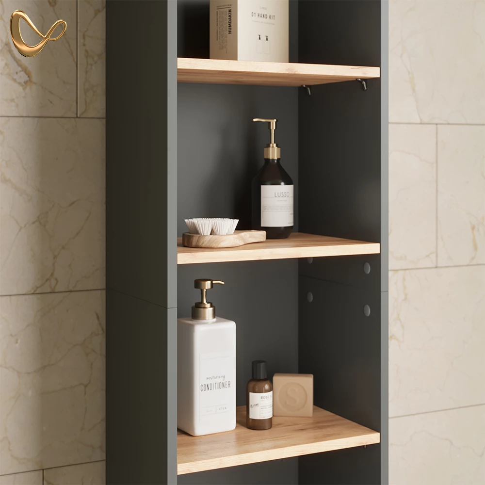 Nahaufnahme von Badschrank in Anthrazit/Goldkraft Eiche, zeigt Design- und Oberflächendetails