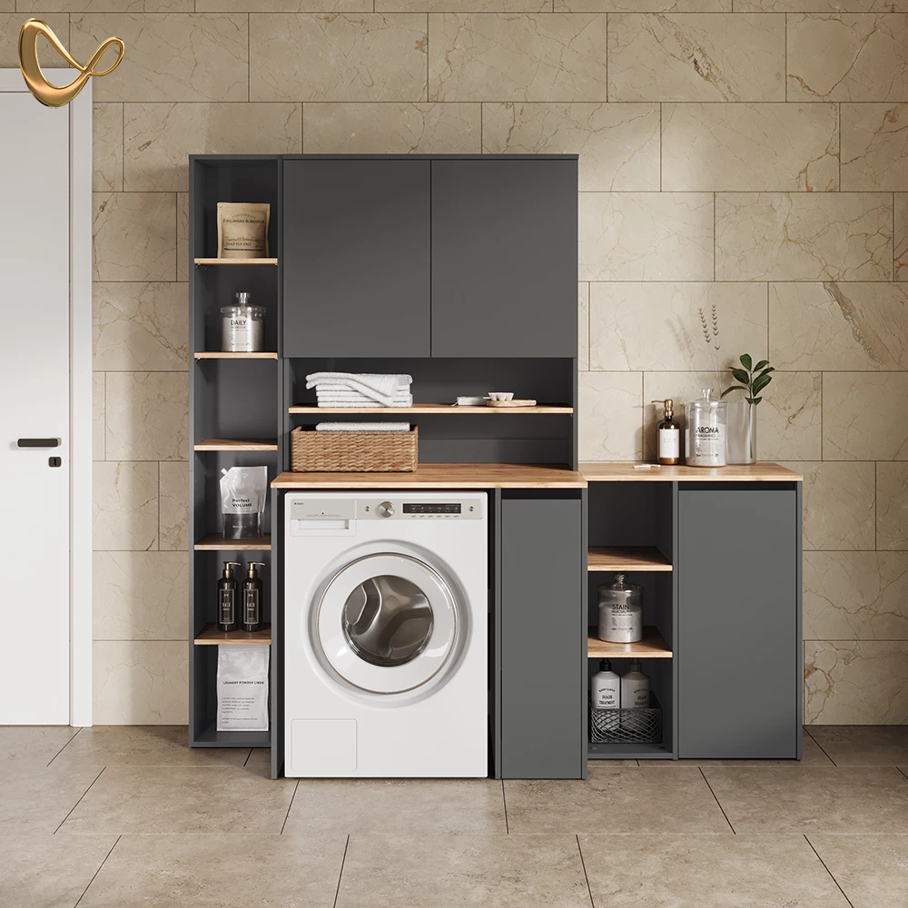 Waschmaschinenschrank in Anthrazit/Goldkraft Eiche, dargestellt im Ambiente und auf weißem Hintergrund
