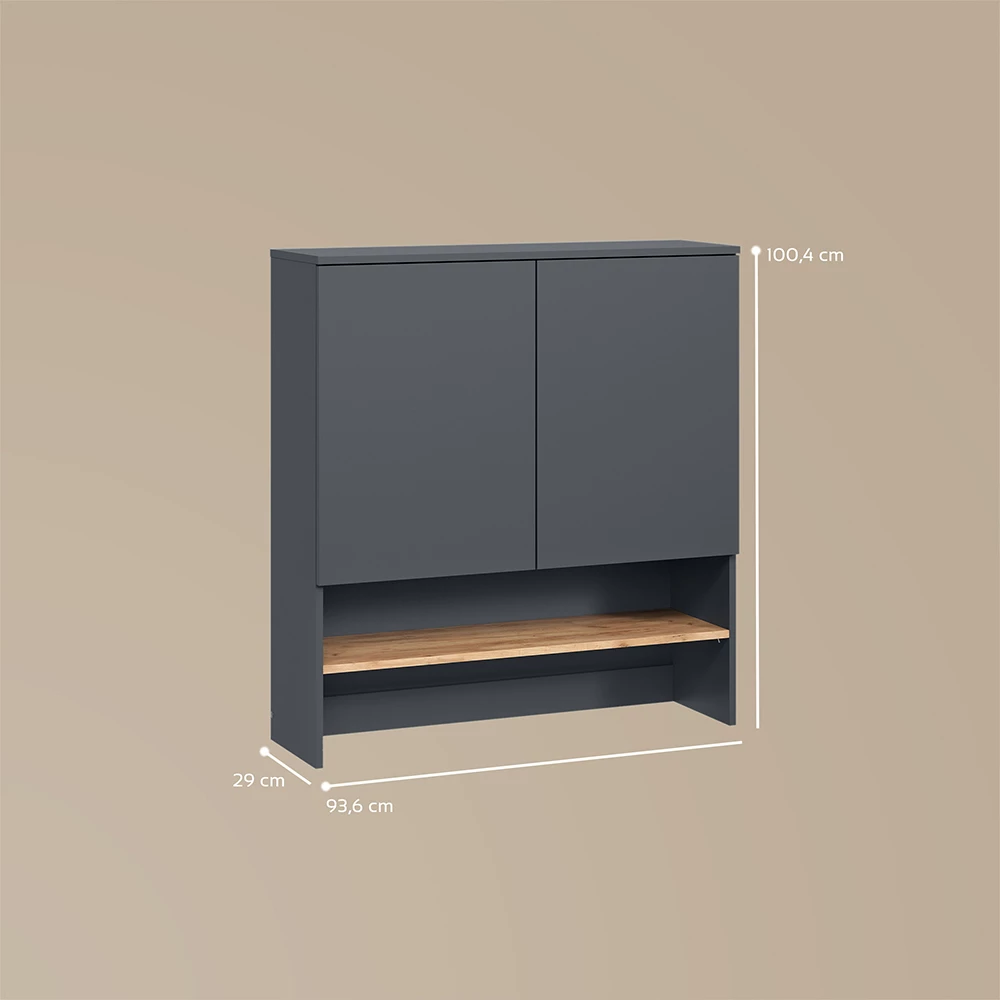 Waschmaschinenschrank in Anthrazit/Goldkraft Eiche auf weißem Hintergrund mit sichtbaren Maßen