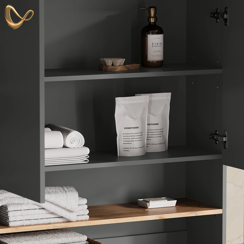 Nahaufnahme von Waschmaschinenschrank in Anthrazit/Goldkraft Eiche, zeigt Design- und Oberflächendetails