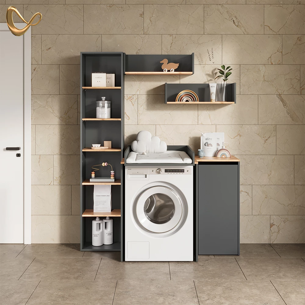 Waschmaschinenschrank in Anthrazit/Goldkraft Eiche, dargestellt im Ambiente und auf weißem Hintergrund