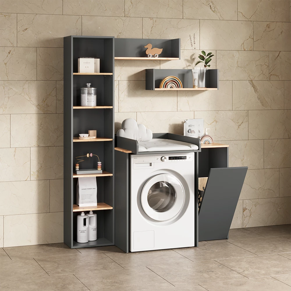 Nahaufnahme von Waschmaschinenschrank in Anthrazit/Goldkraft Eiche, zeigt Textur/Details