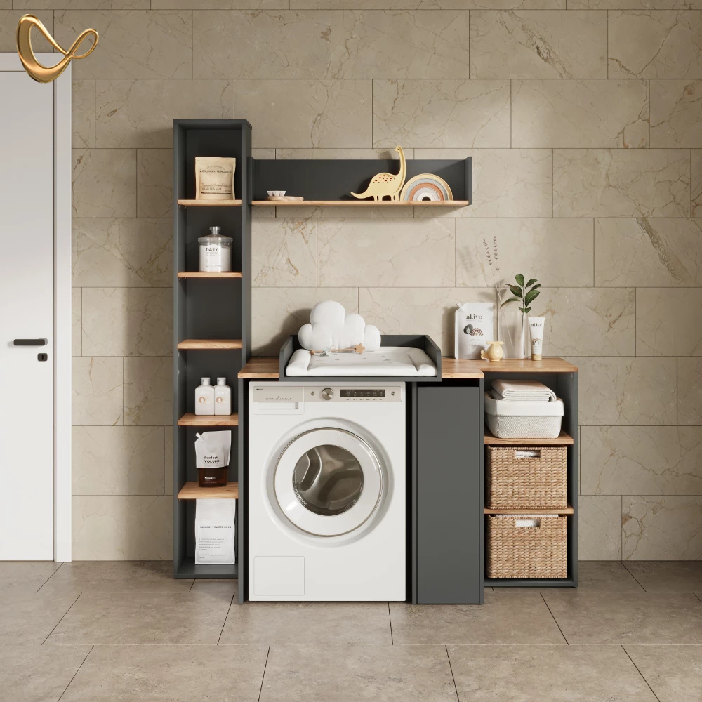 Waschmaschinenschrank in Anthrazit/Goldkraft Eiche, dargestellt im Ambiente und auf weißem Hintergrund