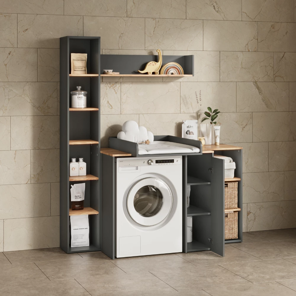 Nahaufnahme von Waschmaschinenschrank in Anthrazit/Goldkraft Eiche, zeigt Textur/Details