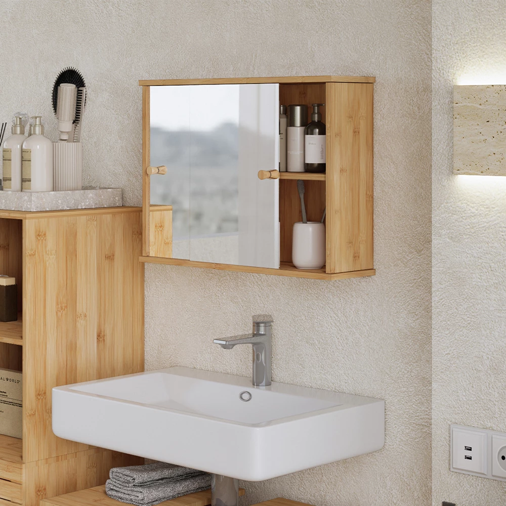 Specchio bagno in Bambù, mostrato in un ambiente ambientale con decorazioni