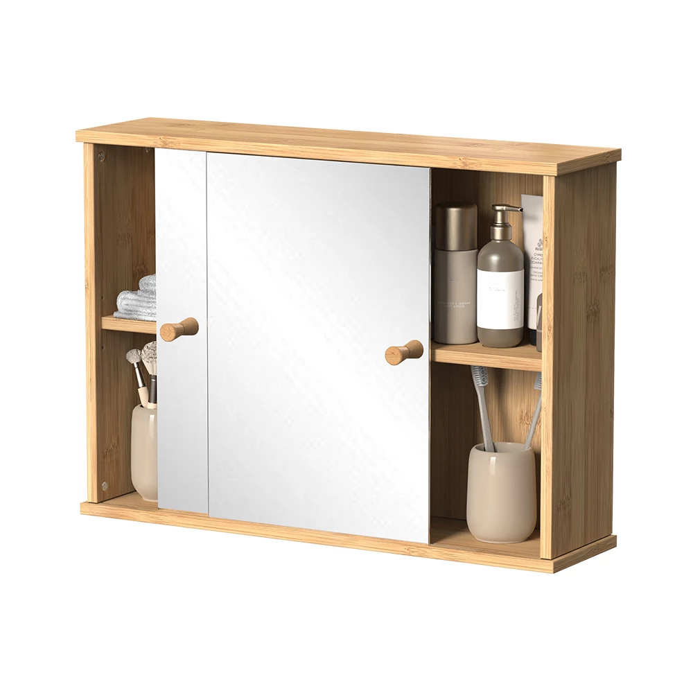 Specchio bagno in Bambù su sfondo bianco con elementi decorativi