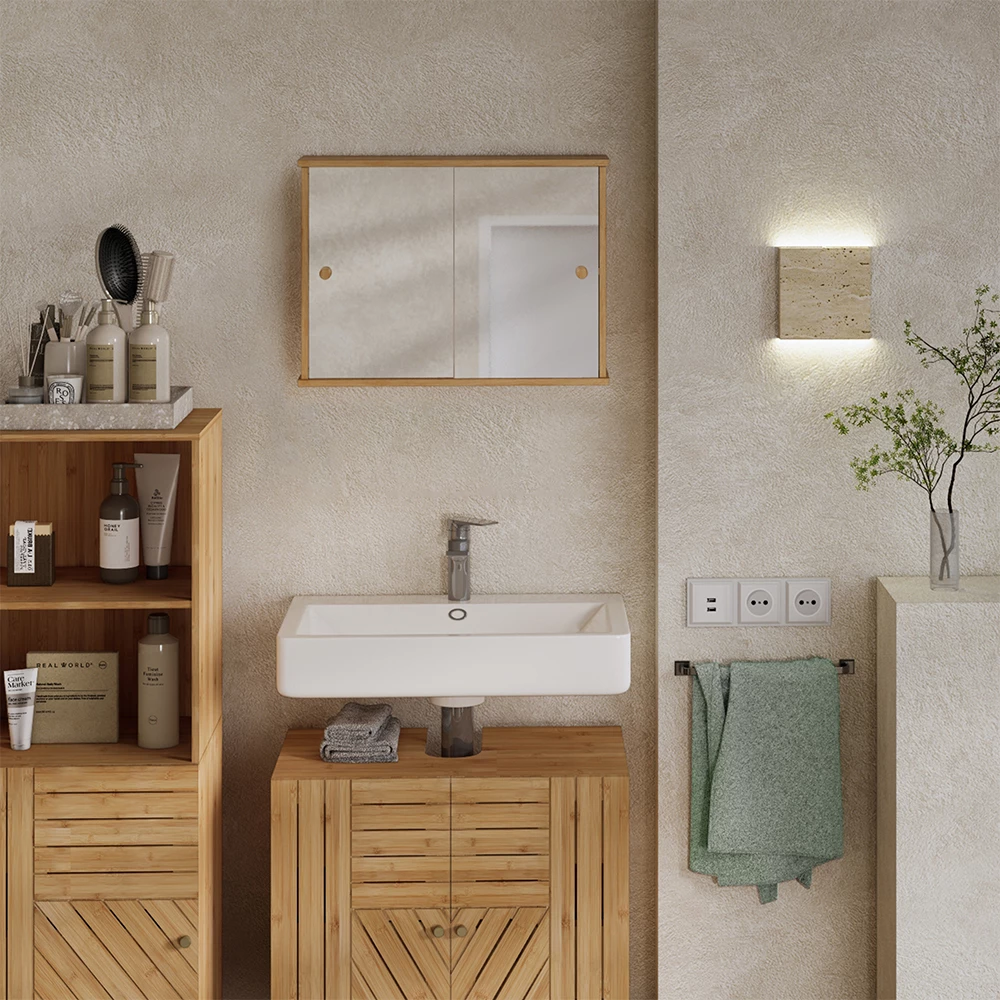 Vicco Specchio contenitore bagno Bambù 55 x 40 cm con 2 porte scorrevoli, Mireo