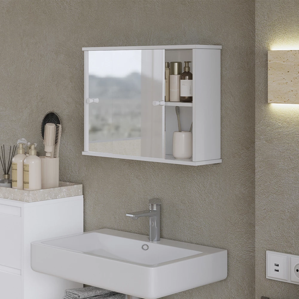 Mobile a specchio per il bagno in Bianco, mostrato in un ambiente ambientale con decorazioni