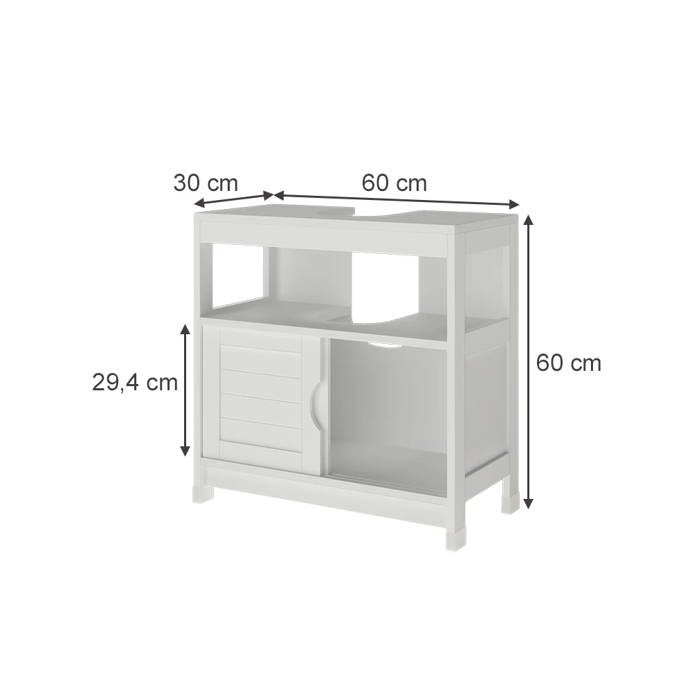 Waschbeckenunterschrank in Weiß auf weißem Hintergrund mit sichtbaren Maßen