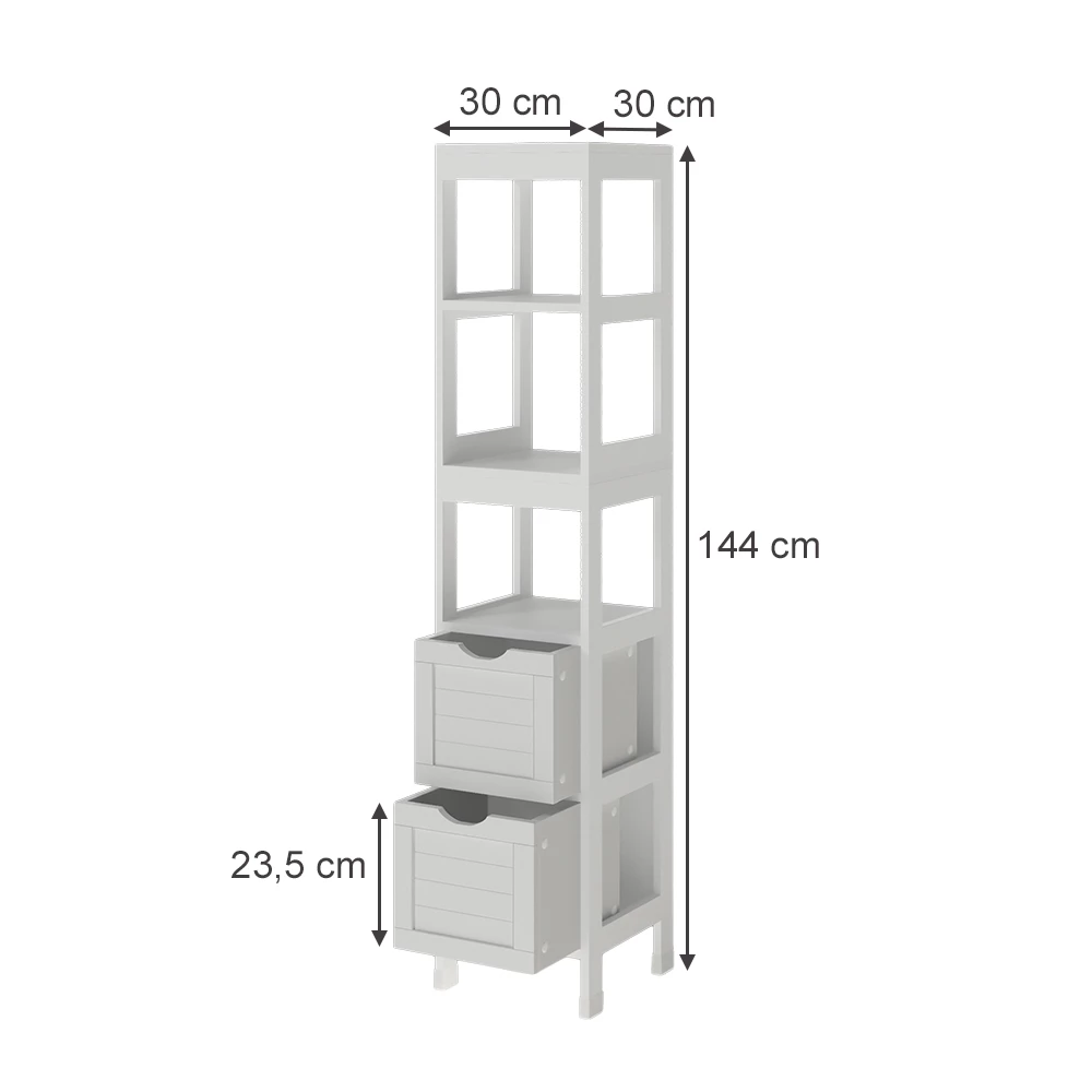 Armadio per il bagno in Bianco su sfondo bianco con dimensioni visibili