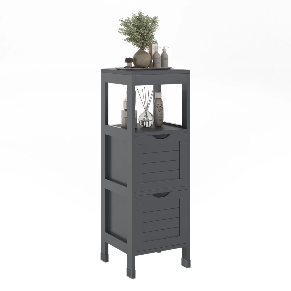 Halfhoge kast in Grijs op een witte achtergrond met decoratieve elementen