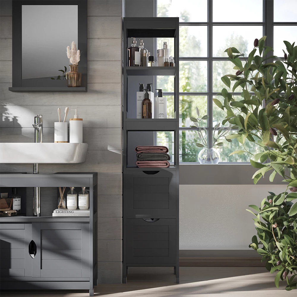 Armadio per il bagno in Grigio, mostrato in un ambiente ambientale con decorazioni