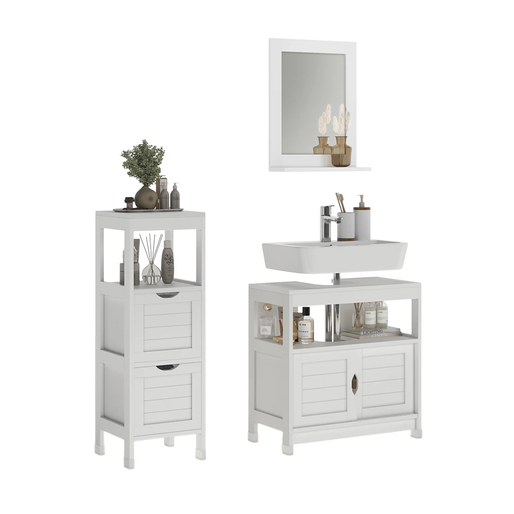 Set di mobili da bagno in Bianco su sfondo bianco con elementi decorativi