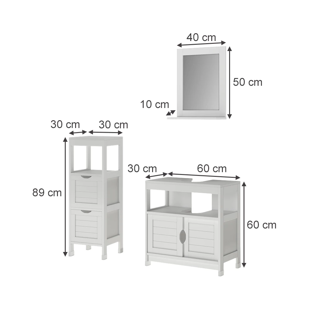 Set di mobili da bagno in Bianco su sfondo bianco con dimensioni visibili