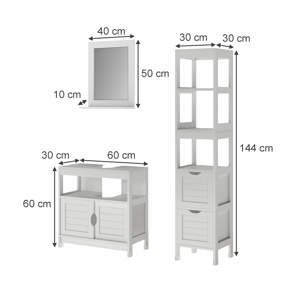 Badmöbel-Set in Weiß auf weißem Hintergrund mit sichtbaren Maßen