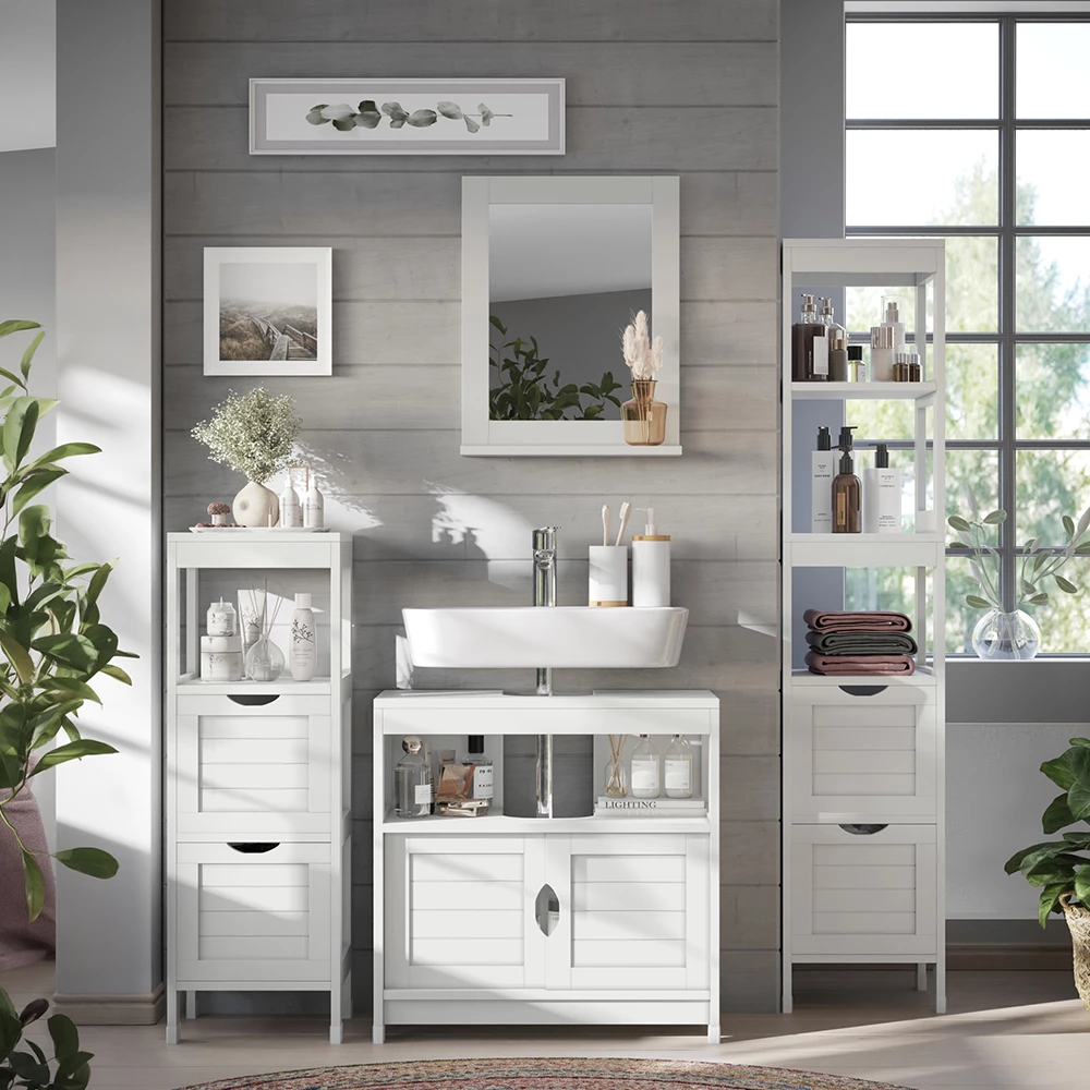 Set di mobili da bagno in Bianco, mostrato in un ambiente ambientale con decorazioni