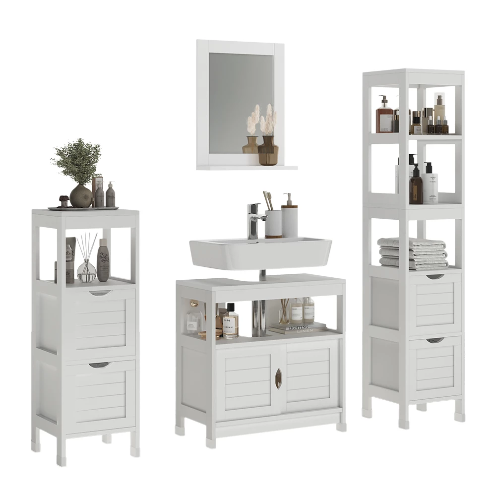 Set di mobili da bagno in Bianco su sfondo bianco con elementi decorativi