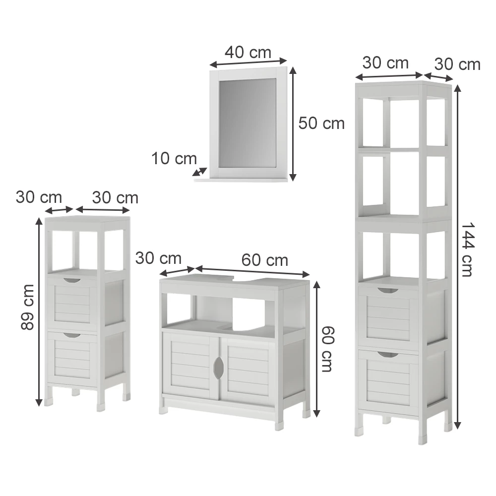 Set di mobili da bagno in Bianco su sfondo bianco con dimensioni visibili