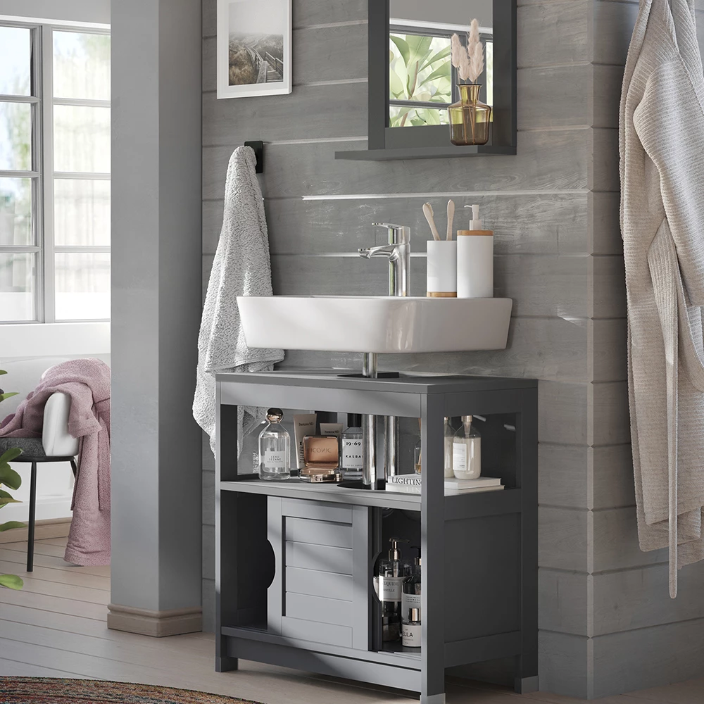 Nahaufnahme von Badmöbel-Set in Grau, zeigt Textur/Details