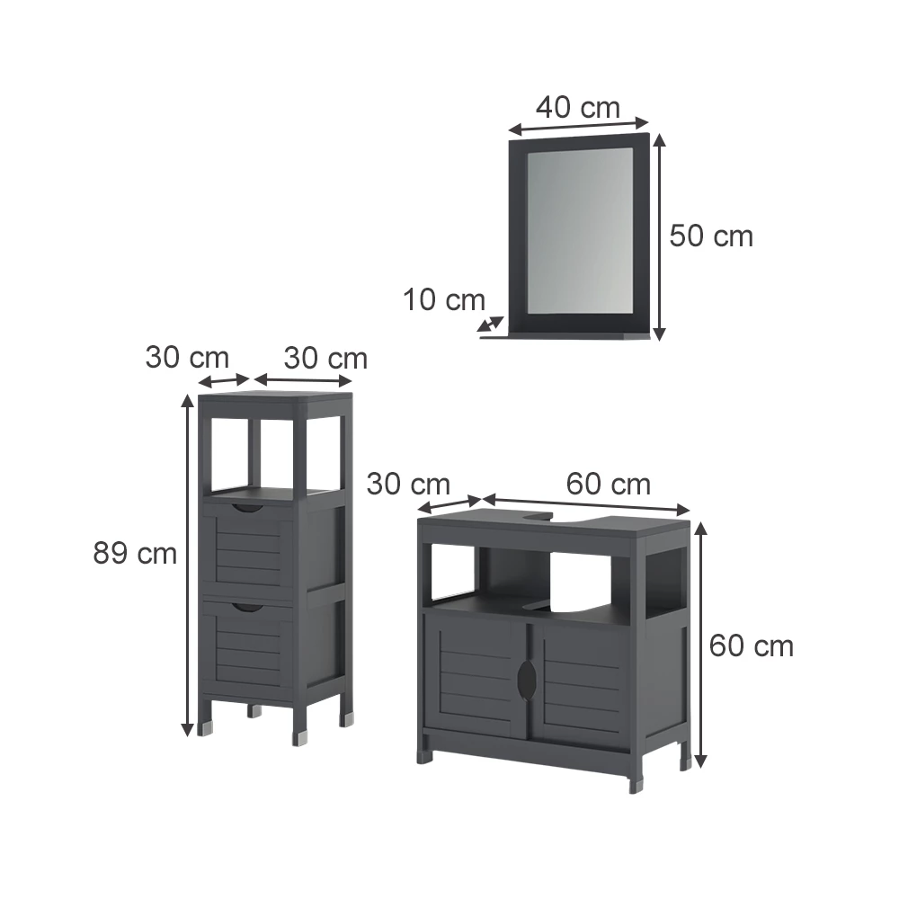 Meubles bain en Gris sur fond blanc avec dimensions visibles