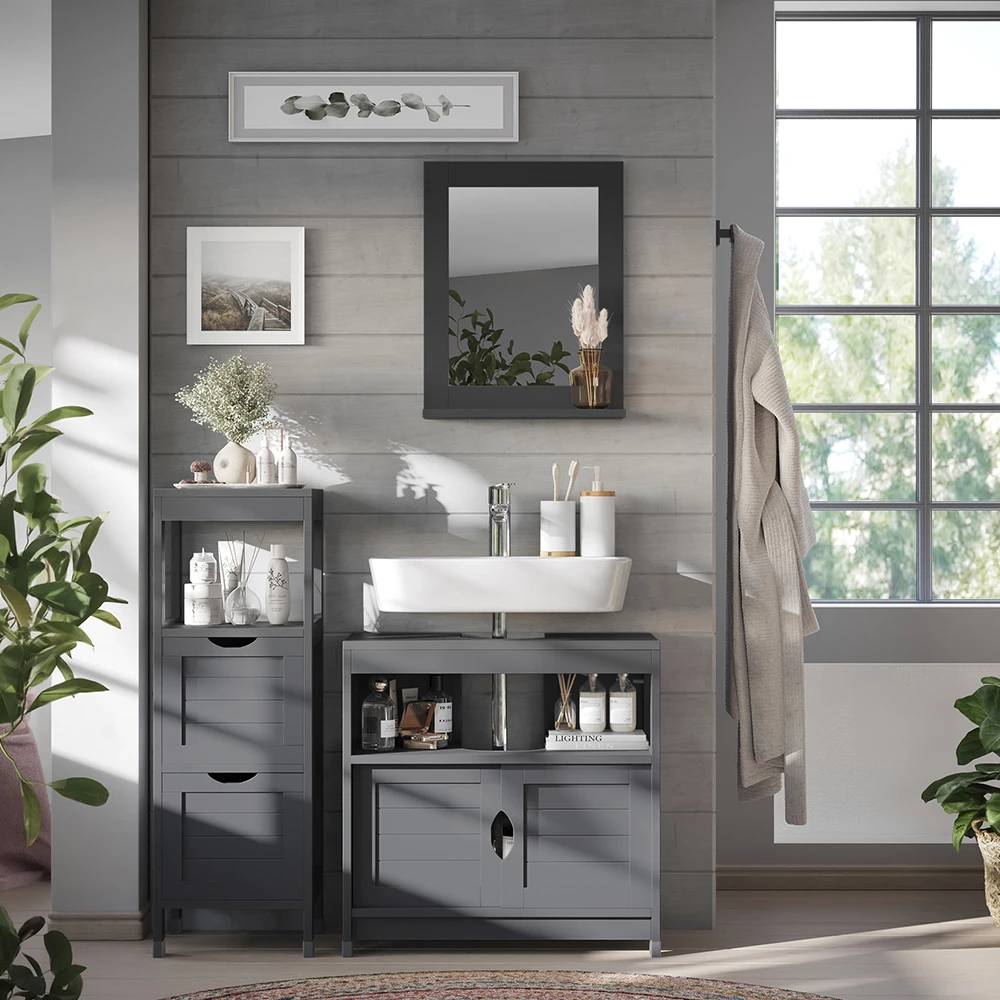 Meubles bain en Gris, présenté dans un décor ambiant avec décoration