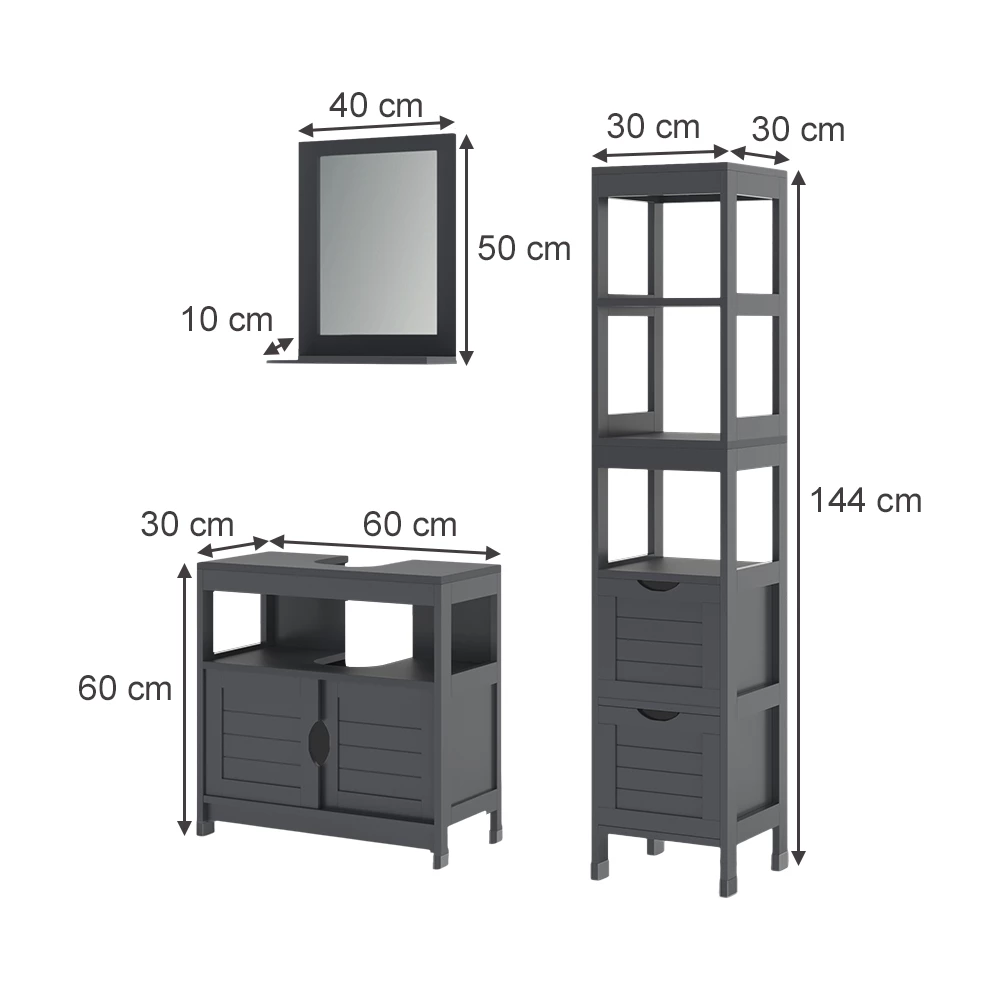 Badmöbel-Set in Grau auf weißem Hintergrund mit sichtbaren Maßen
