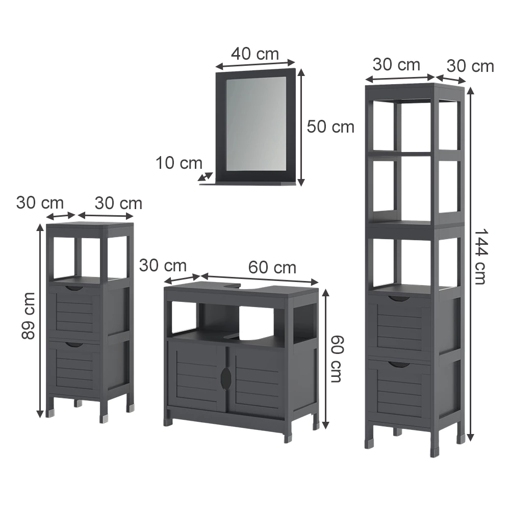 Badmöbel-Set in Grau auf weißem Hintergrund mit sichtbaren Maßen