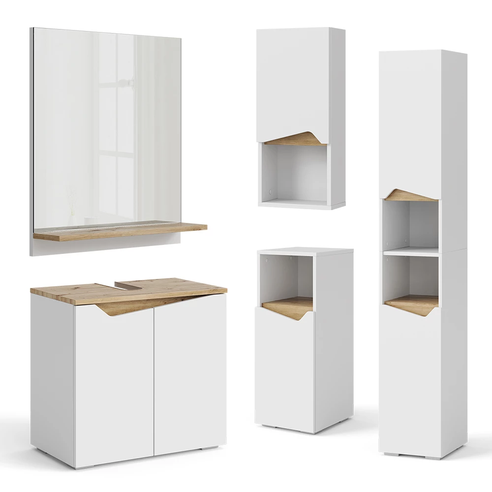 Set mobila baie Vicco "Marelle", alb/stejar artizanal, 5 bucati