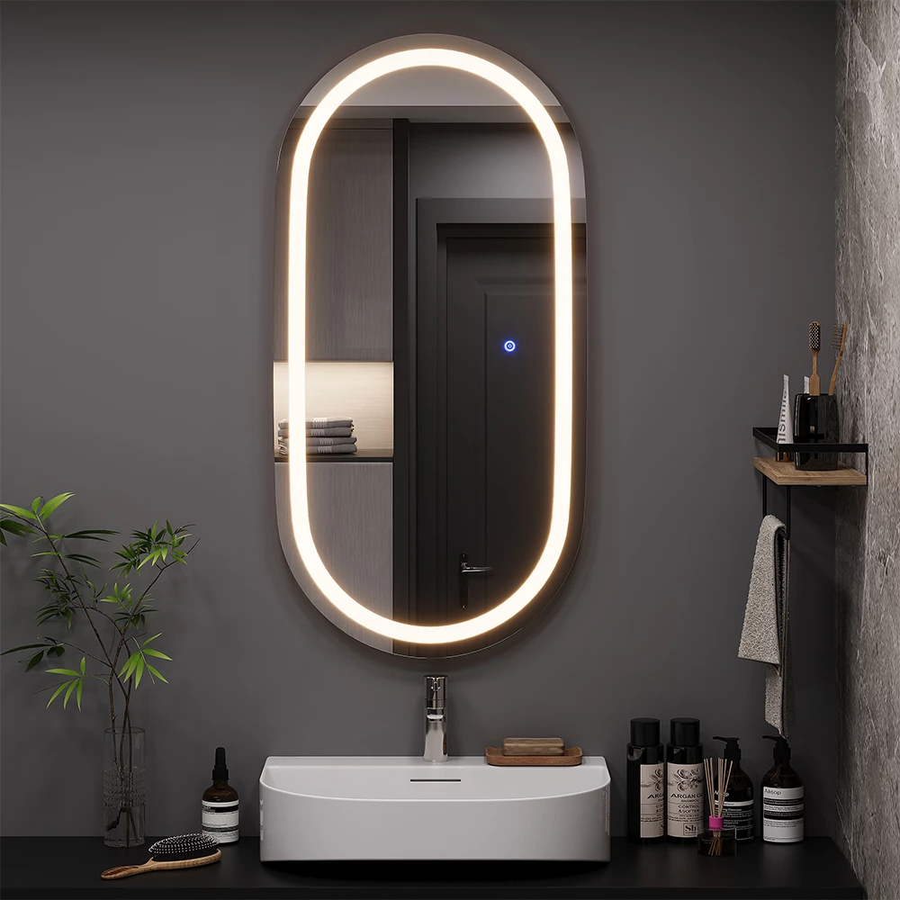 Badezimmerspiegel in Glas, dargestellt im Ambiente mit Dekoration