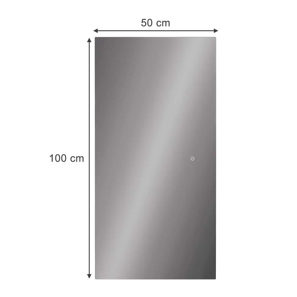 Badezimmerspiegel in Glas auf weißem Hintergrund mit sichtbaren Maßen