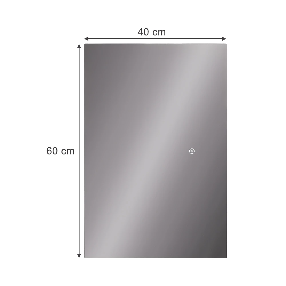 Badezimmerspiegel in Glas auf weißem Hintergrund mit sichtbaren Maßen