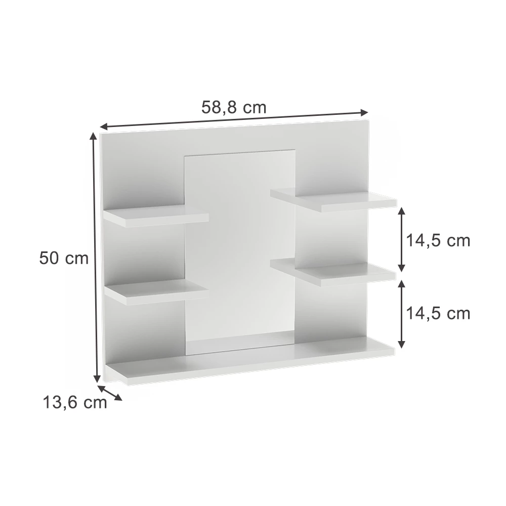 Badspiegelschrank in Weiß auf weißem Hintergrund mit sichtbaren Maßen