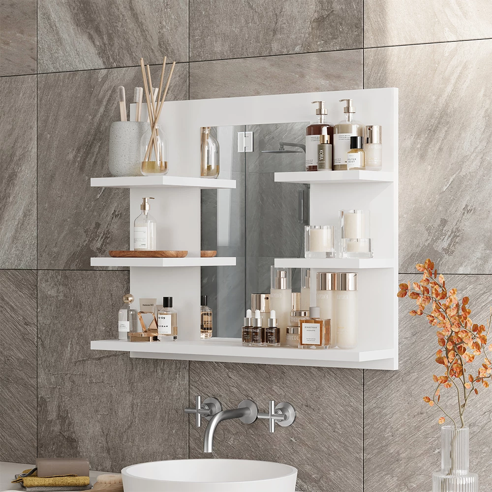 Nahaufnahme von Badspiegelschrank in Weiß, zeigt Design- und Oberflächendetails