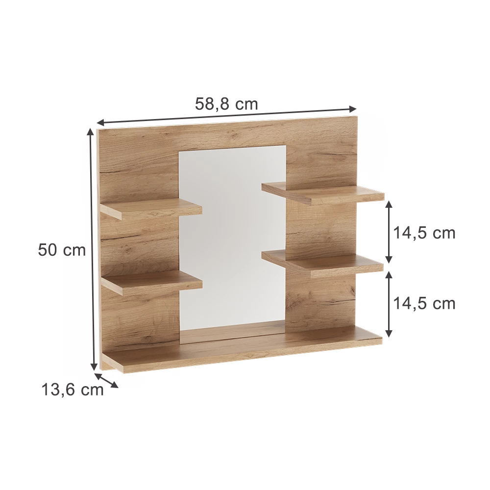 Badspiegelschrank in Goldkraft Eiche auf weißem Hintergrund mit sichtbaren Maßen