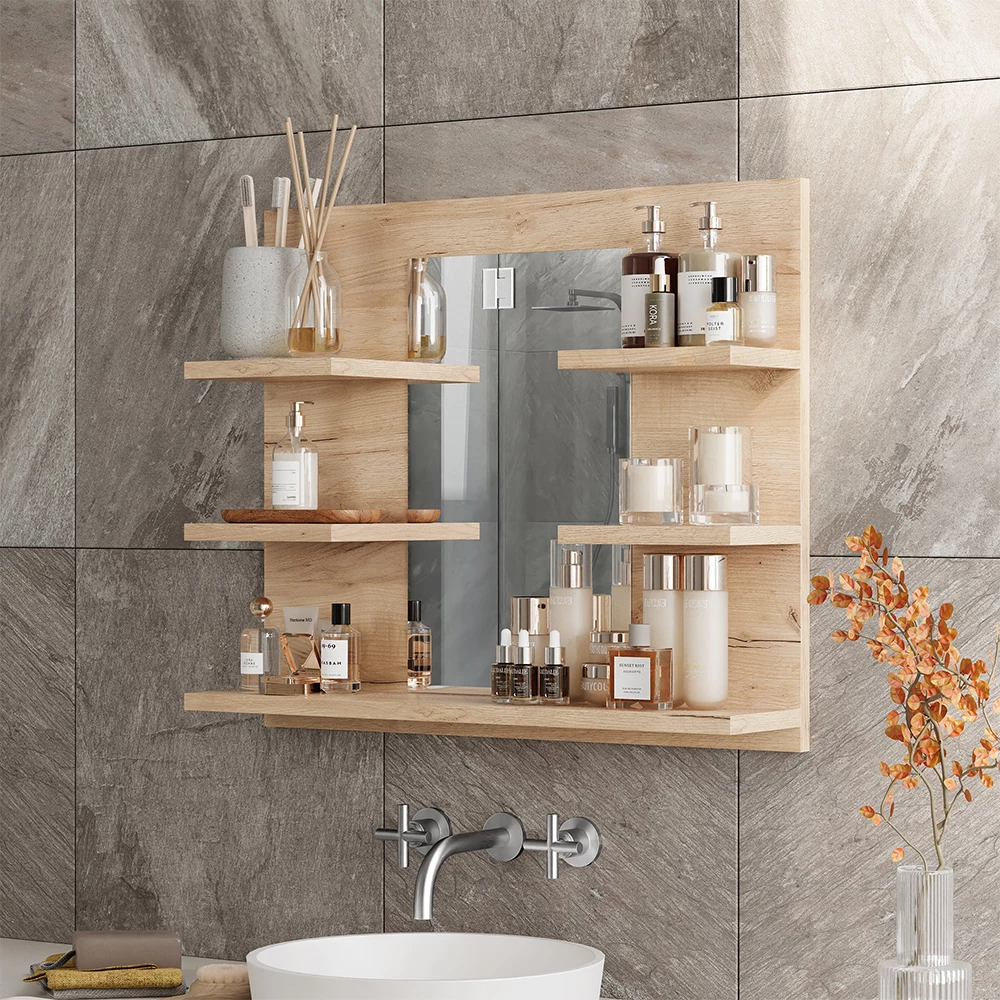 Nahaufnahme von Badspiegelschrank in Goldkraft Eiche, zeigt Design- und Oberflächendetails
