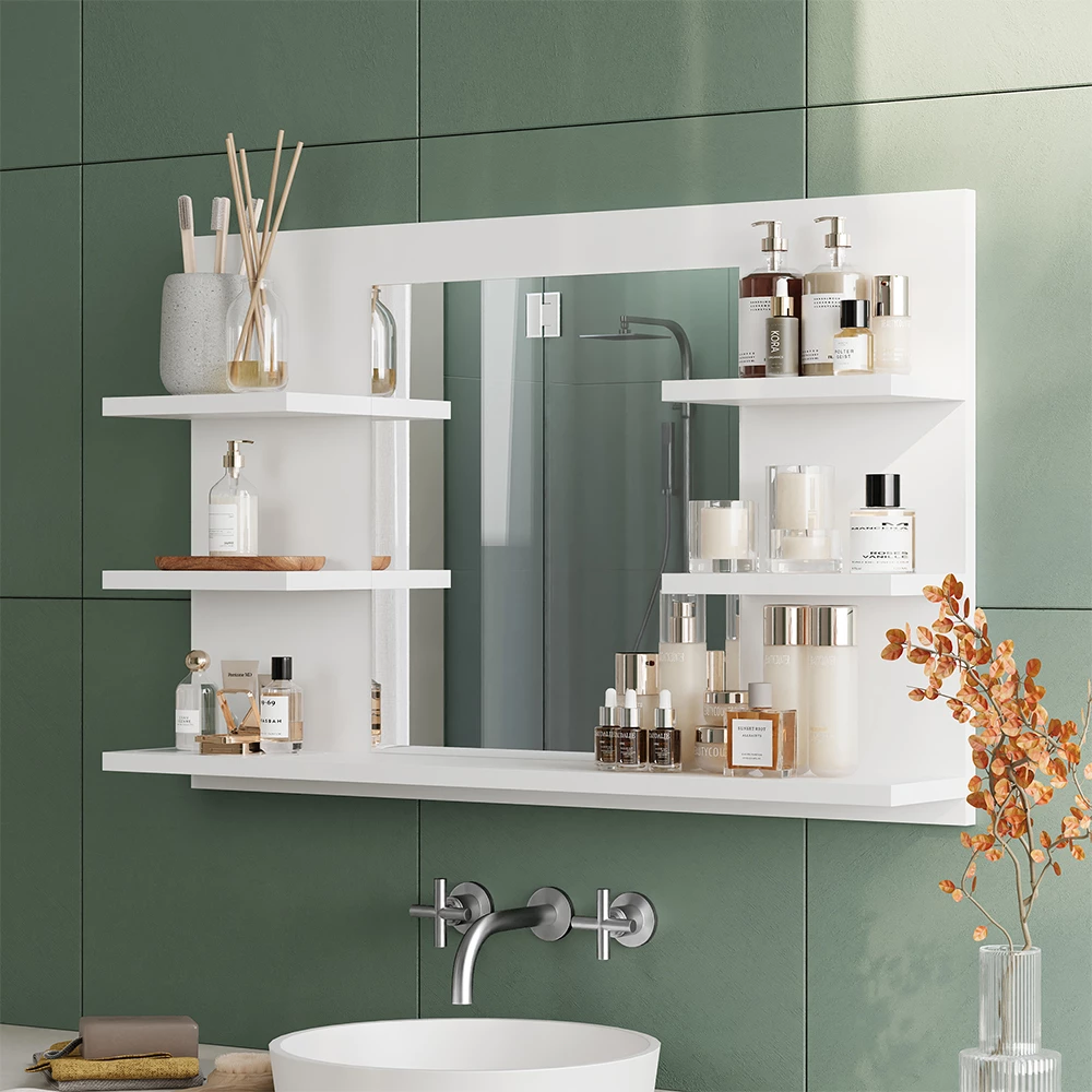 Nahaufnahme von Badspiegelschrank in Weiß, zeigt Design- und Oberflächendetails