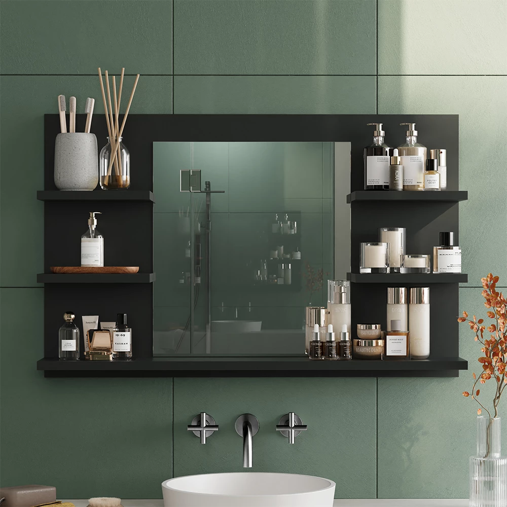 Specchio contenitore bagno in Antracite, mostrato in un ambiente ambientale con decorazioni