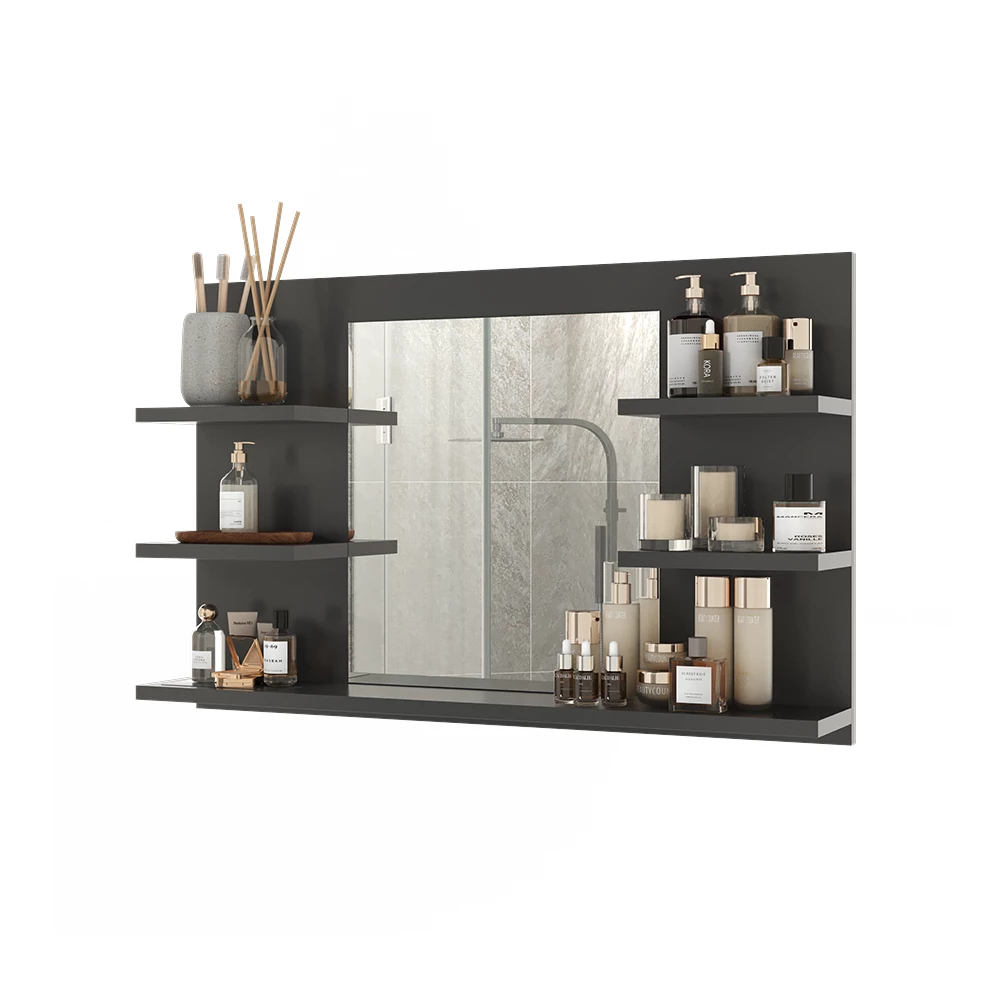 Specchio contenitore bagno in Antracite su sfondo bianco con elementi decorativi