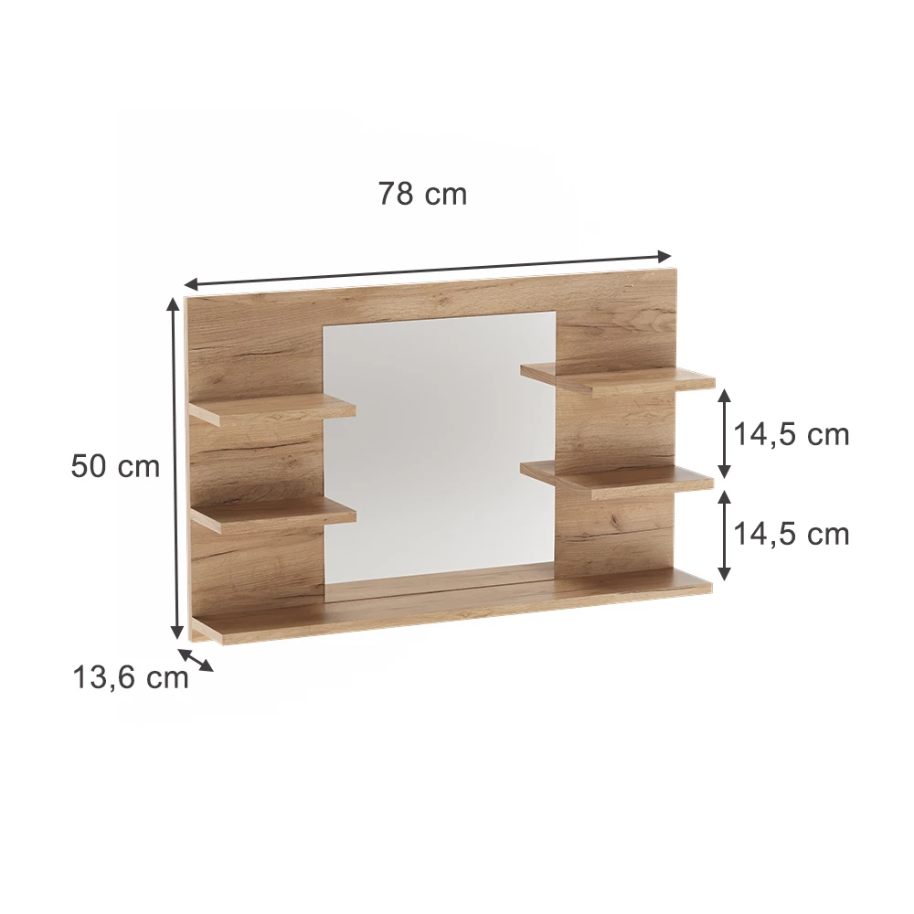 Badspiegelschrank in Goldkraft Eiche auf weißem Hintergrund mit sichtbaren Maßen