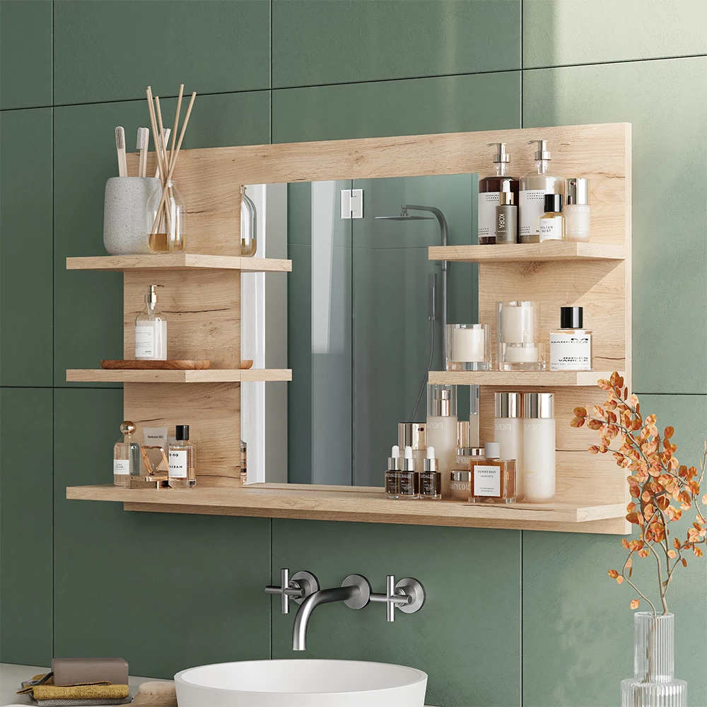 Nahaufnahme von Badspiegelschrank in Goldkraft Eiche, zeigt Design- und Oberflächendetails