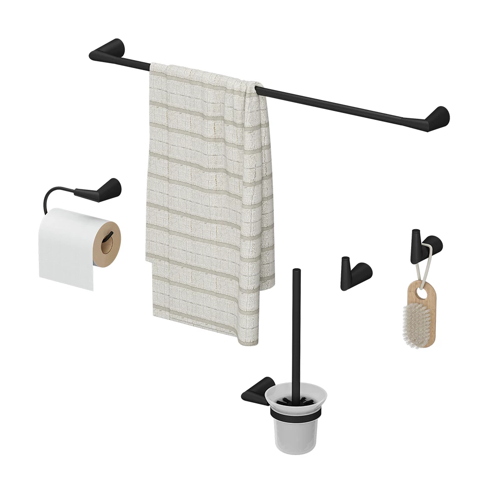 Badkameraccessoires set in Zwart op een witte achtergrond met decoratieve elementen