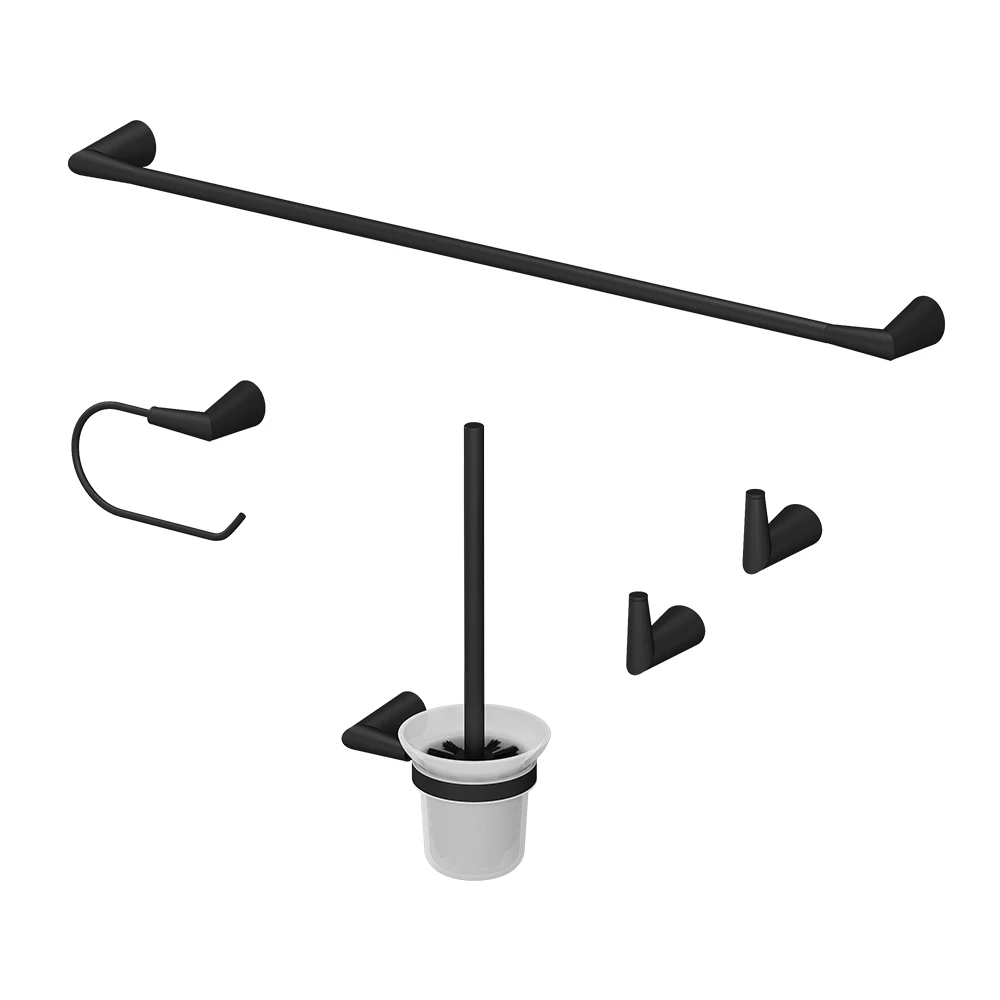 Badkameraccessoires set in Zwart op een witte achtergrond