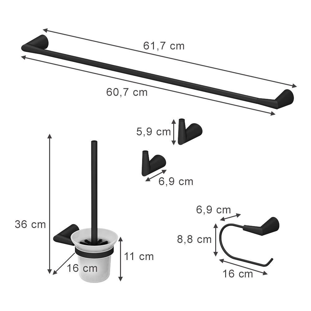 Badkameraccessoires set in Zwart op een witte achtergrond met zichtbare afmetingen