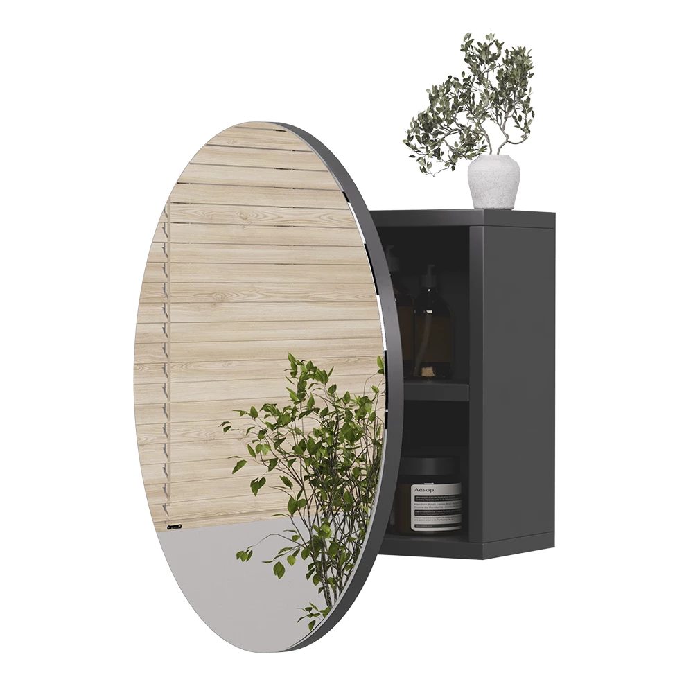 Specchio contenitore bagno in Antracite su sfondo bianco con elementi decorativi