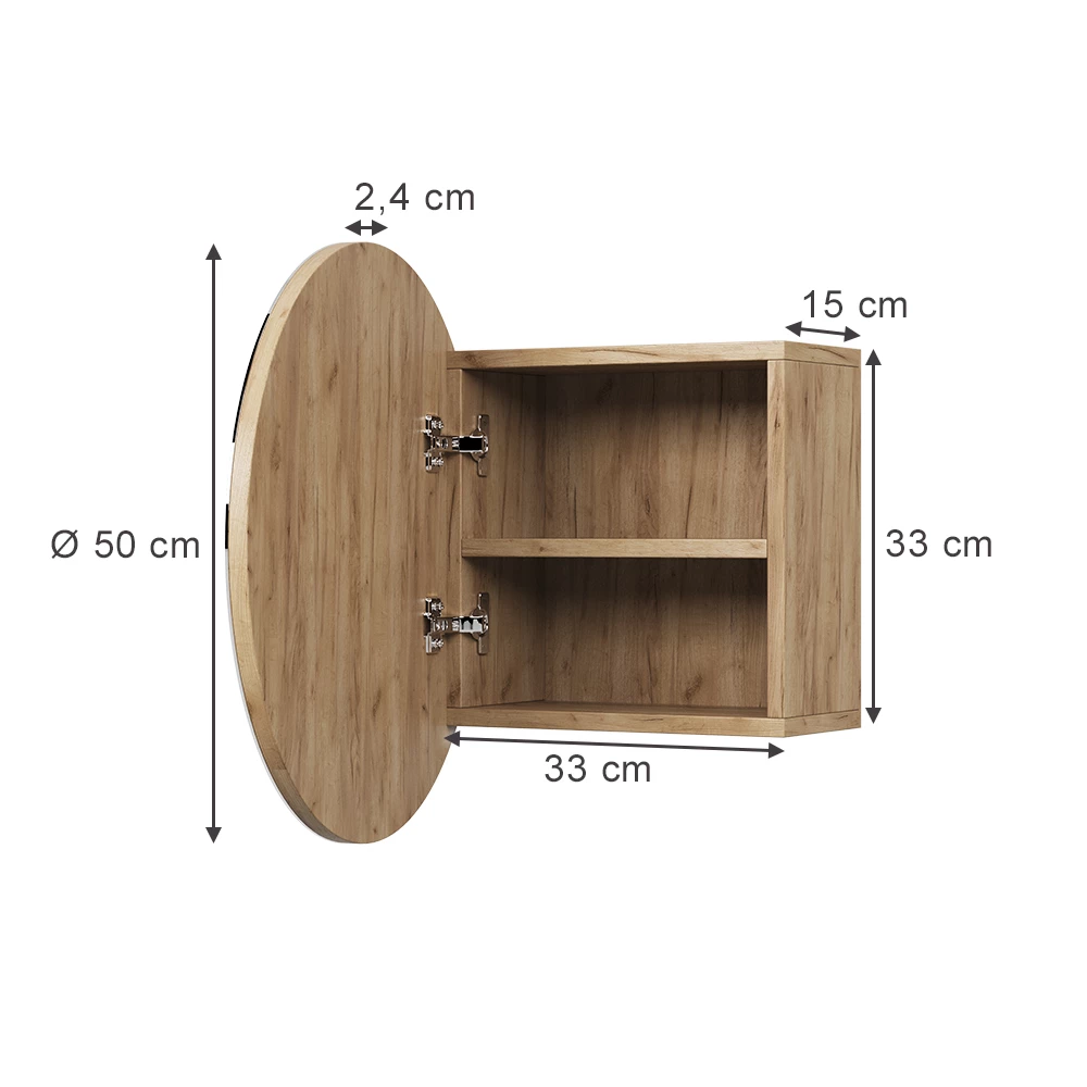 Badspiegelschrank in Goldkraft Eiche auf weißem Hintergrund mit sichtbaren Maßen