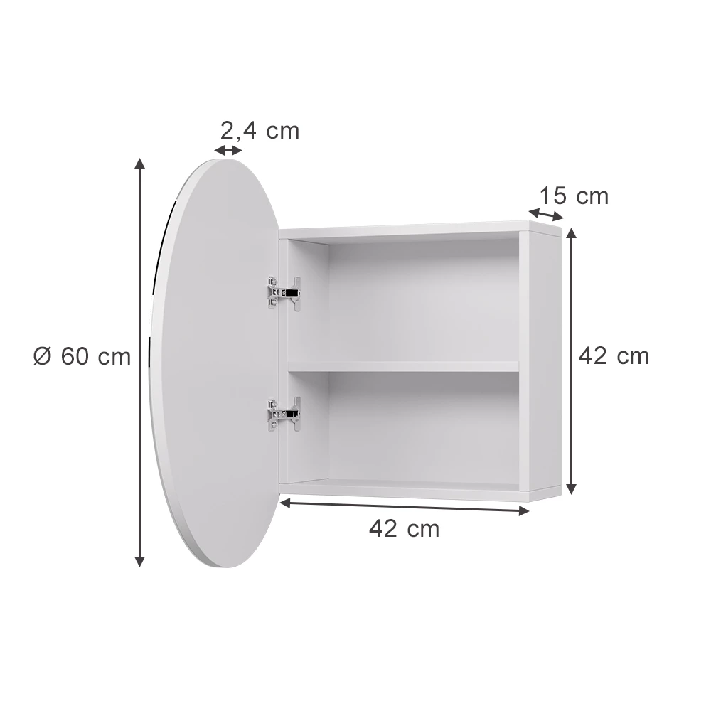 Badspiegelschrank in Weiß auf weißem Hintergrund mit sichtbaren Maßen