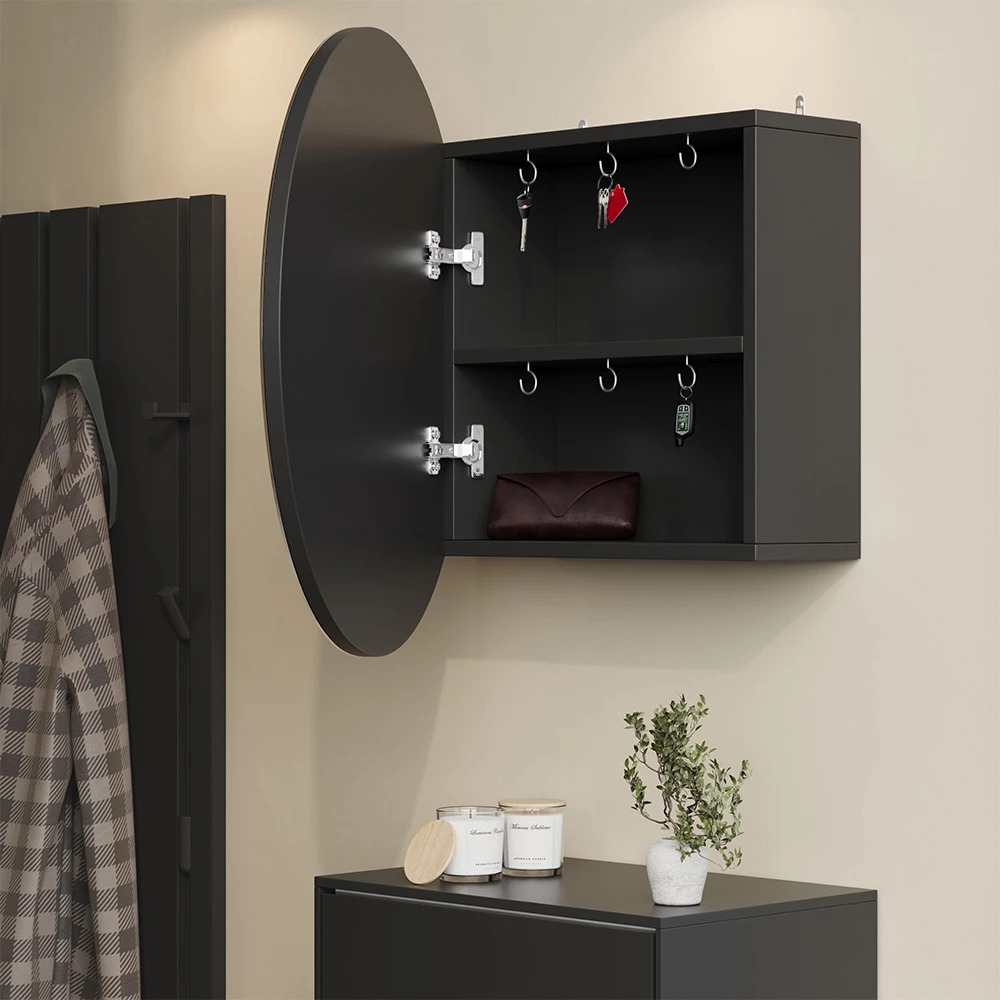 Nahaufnahme von Badspiegelschrank in Anthrazit, zeigt Design- und Oberflächendetails